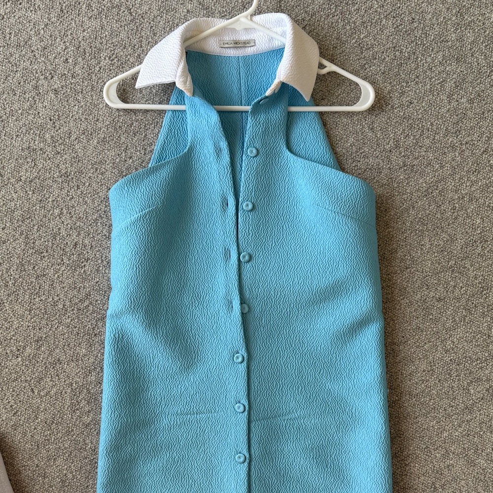 Emilia Wickstead Blue Sleeveless Button-Up Dress with White Collar